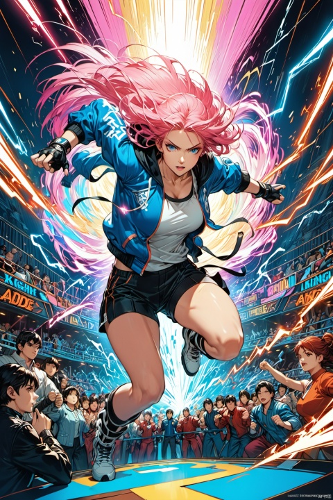 Transporting viewers into the realm of "King of Fighters '97," this CG wallpaper immerses them in a vibrant tournament arena pulsating with energy. At the center of the fierce competition, a dynamic young woman unleashes her combat prowess with electrifying precision, her movements a symphony of power and agility.

Dressed in a striking blue sports hoodie that accentuates her athleticism, she captivates onlookers with her flowing pink hair cascading behind her like a trail of determination. Her hands are adorned with fingerless black leather gloves, enhancing her martial prowess as she executes a series of lightning-fast strikes.

The backdrop is intricately detailed, with crowds of spectators filling the stands, their excitement palpable in the air. Neon lights bathe the arena in a kaleidoscope of colors, casting dynamic shadows and adding to the adrenaline-charged atmosphere.

In this 8K high-definition wallpaper, every aspect is rendered with lifelike clarity, from the intensity in the fighter's eyes to the determination etched on her face. With its homage to classic arcade-style fighting games, this artwork captures the essence of high-stakes combat in exquisite detail.