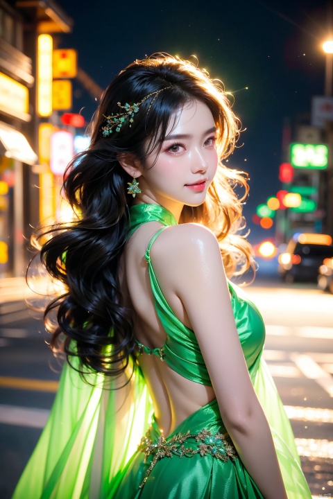  solo,  1 girl,(green light effect),hair ornament,jewelry,looking at viewer, (\meng ze\), wangyushan, dofas,cowboy  shot , Hands behind back  , light smile,  depth of field, outdoors, cityscape, detailed_background, 




