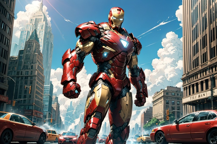  ultra-detailed,(best quality),((masterpiece)),(highres),original,extremely detailed 8K wallpaper,(an extremely delicate and beautiful),anime, (solo:1.3), 

In the heart of New York City, Iron Man engages in a fierce battle against evil forces. The sunlight shines down, casting a vibrant color palette against the backdrop of skyscrapers under a clear blue sky with fluffy white clouds. Iron Man stands tall in his shiny red and gold armor, exuding a heroic demeanor with a determined expression. The villains are clad in dark attire, their faces twisted in malevolence. In the background, cars and pedestrians flee in terror, echoing the tense atmosphere of the battle. The composition centers on the confrontation between Iron Man and his enemies, brimming with energy and emotion, capturing the intense clash between justice and evil. This scene is reminiscent of the cinematic style of director Zack Snyder, known for his visually striking and emotionally charged superhero films.