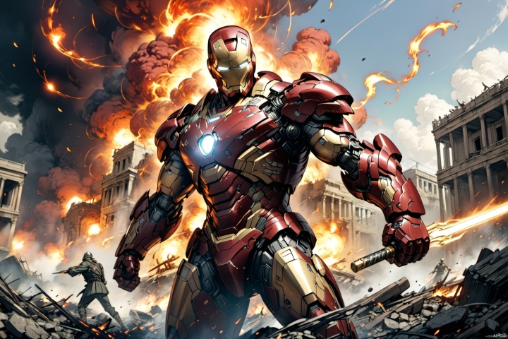  ultra-detailed,(best quality),((masterpiece)),(highres),original,extremely detailed 8K wallpaper,(an extremely delicate and beautiful),anime, (solo:1.3), 

During the daytime on a desolate battlefield, the Marvel hero Iron Man engages in an intense conflict. Clad in his shiny red and gold battle armor, Iron Man sports a resolute expression, wielding an energy weapon in preparation to confront the enemy. The background features burning ruins and a sky filled with billowing smoke, depicting the harshness and desolation of war. The composition showcases Iron Man's powerful and determined stance, with exquisite background details, a rich and vibrant color palette, brimming with energy and emotion, allowing viewers to almost feel the tense atmosphere of the battlefield and the fearless spirit of the hero. This scene captures the essence of a gritty and intense battle, reminiscent of the visual storytelling style of director Christopher Nolan, known for his dark and immersive cinematic experiences.