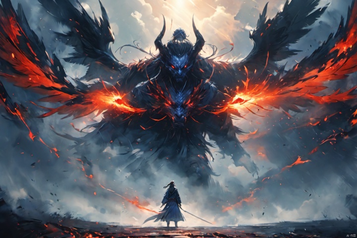  (masterpiece, best quality, HD, HDR, 8k, 4k, absurdres), Indigo theme, In a game CG cinematic scene, an epic showdown unfolds between the Angel of Light and the Demon of Darkness. The atmosphere is charged with conflict as energy crackles and surges between them, creating a dynamic and intense visual spectacle. The Angel, with radiant wings and a serene expression, embodies purity and righteousness, while the Demon, cloaked in shadows and with piercing red eyes, exudes malevolence and power. The lighting is cinematic, casting dramatic highlights and shadows, enhancing the tension of the confrontation. The scene is rendered in stunning 8K high definition, capturing every intricate detail of their faces and eyes, conveying the depth of emotion and determination in their gaze., ananmo