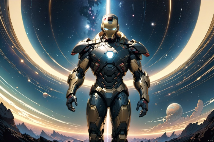  ultra-detailed,(best quality),((masterpiece)),(highres),original,extremely detailed 8K wallpaper,(an extremely delicate and beautiful),anime, (solo:1.3), 

Clad in a brand new black and gold armor, the Marvel hero Iron Man pilots a spacecraft through the dazzling expanse of the cosmic starry sky. Iron Man's expression is confident and resolute, set against a backdrop of a spectacular and vibrant starry sky. The composition is well-balanced and brimming with energy and emotion. The unique design of the black and gold armor, with its vibrant colors, showcases extraordinary technological charm, presenting viewers with a visual feast. This scene captures the essence of a high-tech superhero exploring the wonders of the universe, reminiscent of the futuristic and visually stunning style of artist Moebius, known for his intricate and imaginative sci-fi illustrations.