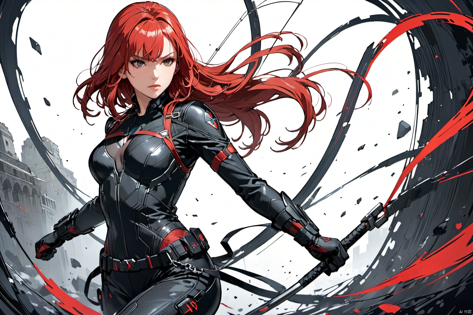  ultra-detailed,(best quality),((masterpiece)),(highres),original,extremely detailed 8K wallpaper,(an extremely delicate and beautiful),anime, (Cowboy shot ,  solo:1.3), 

A dynamic illustration of Marvel's heroine Black Widow, clad in her sleek combat suit, exuding a focused and resolute demeanor. Her movements are powerful yet graceful, as if poised for imminent combat. The background is predominantly dark, accentuating her silhouette. Vibrant details such as her red hair and metallic gear add dynamism and tension to the scene. The overall composition is balanced and dramatic, evoking a sense of Black Widow's bravery and determination. This illustration is sure to resonate strongly with viewers, showcasing the unique charm of this member of the Avengers.