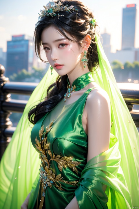  solo,  1 girl,(green light effect),hair ornament,jewelry,looking at viewer, (\meng ze\), wangyushan, dofas,upper_body,  depth of field, outdoors, cityscape, detailed_background, 

