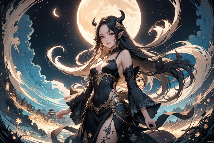 ultra-detailed,(best quality),((masterpiece)),(highres),original,extremely detailed 8K wallpaper,(an extremely delicate and beautiful),anime,  (cowboy shot  , solo), black  theme, 

An epic fantasy illustration featuring a succubus with striking long hair and captivating eyes, enchanting all who behold her with a mesmerizing smile. The scene is set against a starlit sky with a crescent moon, bathed in cinematic lighting effects to enhance the storytelling ambiance. Drawing inspiration from the vibrant and unique character designs of Yoshitaka Amano, the artwork showcases a colorful palette, intricate background details, dynamic composition, and rich emotional expressions that bring the character to life.