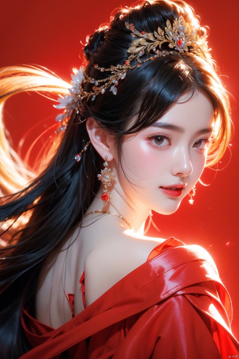  solo,  1 girl,(red light effect),hair ornament,jewelry,looking at viewer, (\meng ze\), wangyushan, dofas,upper_body  , Hands behind back  , light smile,     perfect lighting,  simple_background, white background, 






