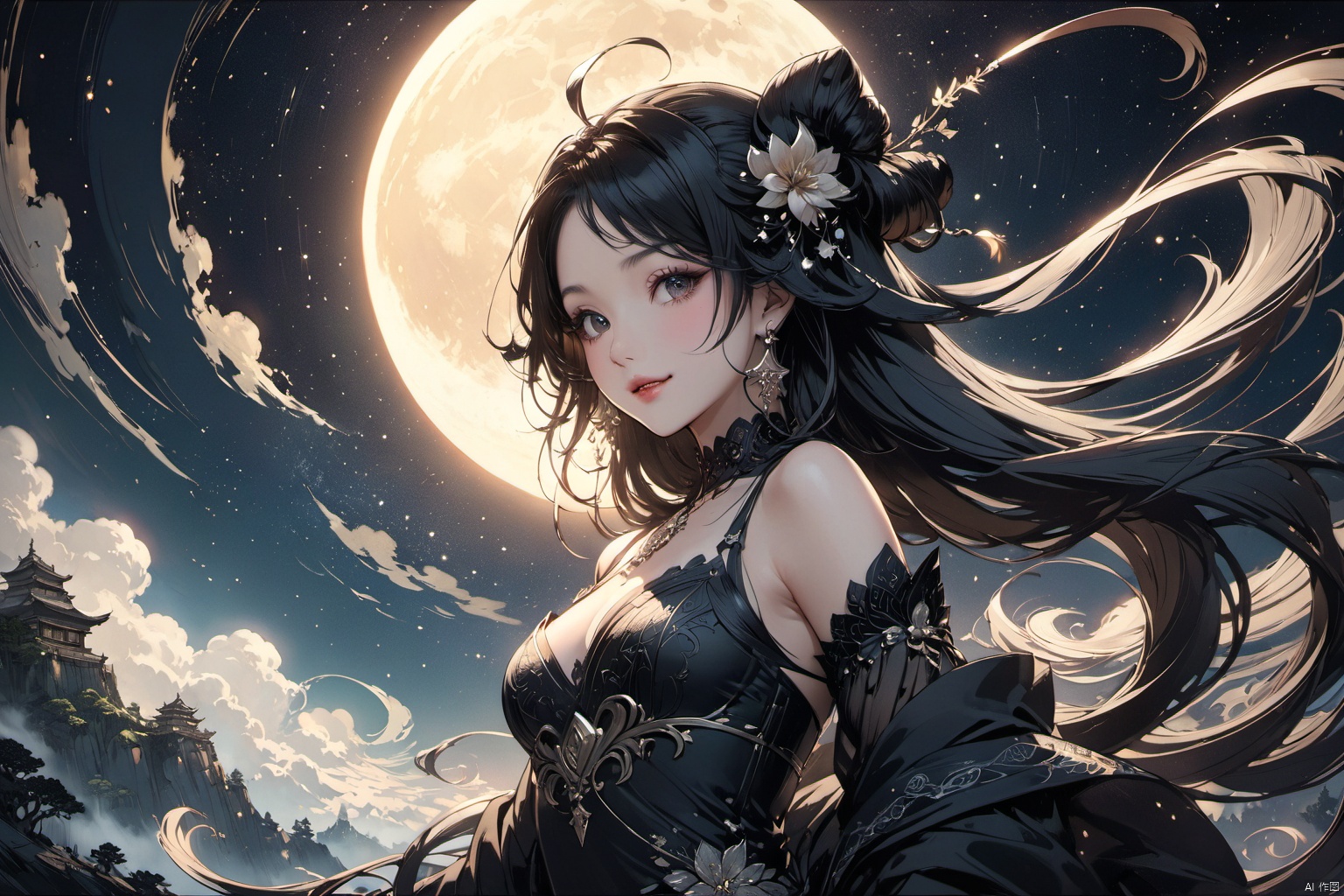 ultra-detailed,(best quality),((masterpiece)),(highres),original,extremely detailed 8K wallpaper,(an extremely delicate and beautiful),anime,  ((close up  , solo), black  theme, 

An epic fantasy illustration featuring a succubus with striking long hair and captivating eyes, enchanting all who behold her with a mesmerizing smile. The scene is set against a starlit sky with a crescent moon, bathed in cinematic lighting effects to enhance the storytelling ambiance. Drawing inspiration from the vibrant and unique character designs of Yoshitaka Amano, the artwork showcases a colorful palette, intricate background details, dynamic composition, and rich emotional expressions that bring the character to life.