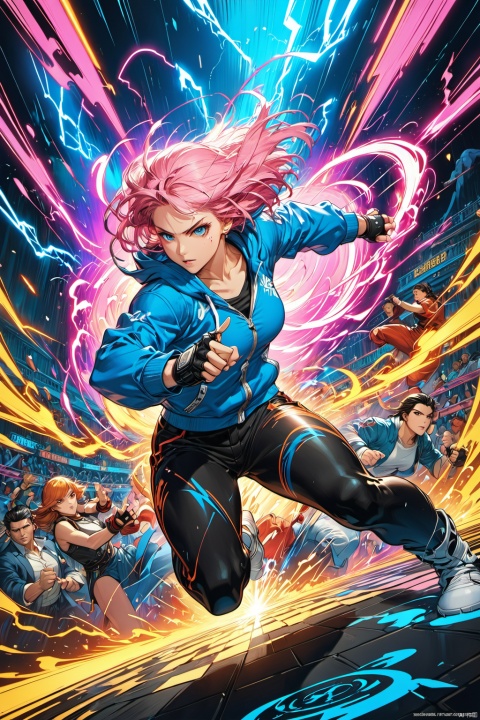  Transporting viewers into the realm of "King of Fighters '97," this CG wallpaper immerses them in a vibrant tournament arena pulsating with energy. At the center of the fierce competition, a dynamic young woman unleashes her combat prowess with electrifying precision, her movements a symphony of power and agility.

Dressed in a striking blue sports hoodie that accentuates her athleticism, she captivates onlookers with her flowing pink hair cascading behind her like a trail of determination. Her hands are adorned with fingerless black leather gloves, enhancing her martial prowess as she executes a series of lightning-fast strikes.

The backdrop is intricately detailed, with crowds of spectators filling the stands, their excitement palpable in the air. Neon lights bathe the arena in a kaleidoscope of colors, casting dynamic shadows and adding to the adrenaline-charged atmosphere.

In this 8K high-definition wallpaper, every aspect is rendered with lifelike clarity, from the intensity in the fighter's eyes to the determination etched on her face. With its homage to classic arcade-style fighting games, this artwork captures the essence of high-stakes combat in exquisite detail.