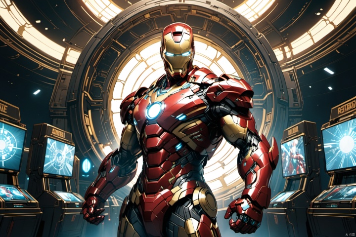  ultra-detailed,(best quality),((masterpiece)),(highres),original,extremely detailed 8K wallpaper,(an extremely delicate and beautiful),anime, (solo:1.3), 

The Marvel hero Iron Man shines in a vibrant and eye-catching display, adorned in his gleaming red and gold armor with the glowing arc reactor on his chest. He stands against the backdrop of a technology exhibition, surrounded by futuristic high-tech devices and virtual screens. Iron Man's expression exudes confidence and determination, with a hint of wisdom and courage in his eyes. The background is exquisitely detailed, with a composition that is dynamic and well-balanced, brimming with energy and emotion, as if poised for a thrilling and heart-pounding battle at any moment. This scene captures the essence of a high-tech superhero in his element, reminiscent of the visual style of artist Jim Lee, known for his dynamic and detailed comic book illustrations.