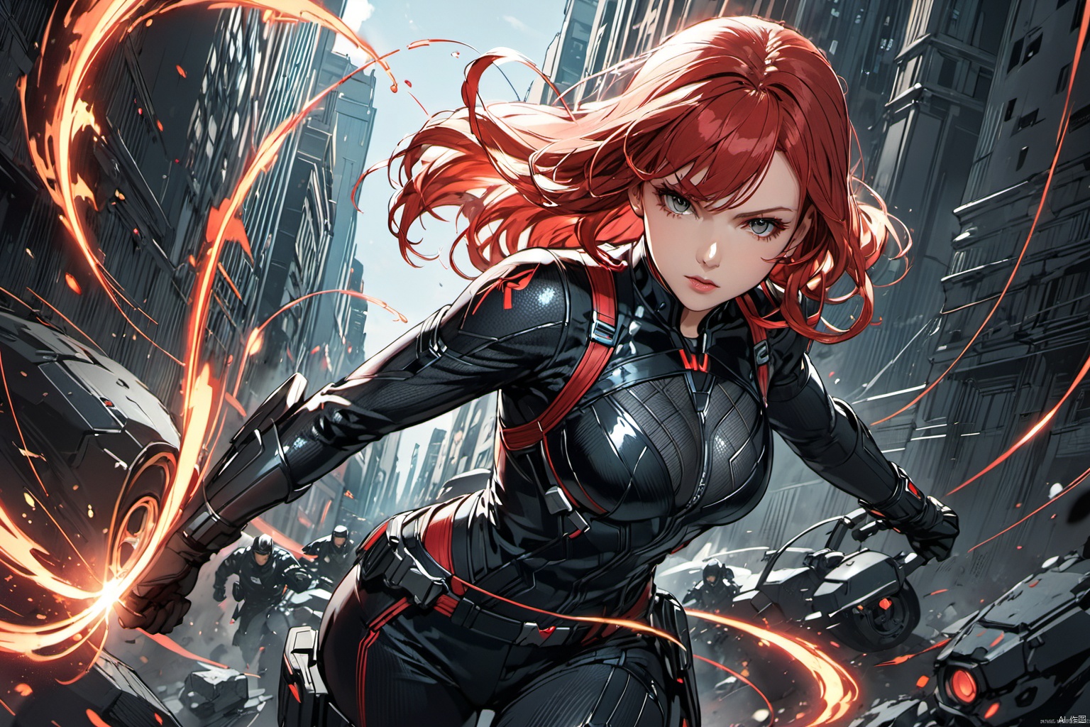 ultra-detailed,(best quality),((masterpiece)),(highres),original,extremely detailed 8K wallpaper,(an extremely delicate and beautiful),anime, (close up ,  solo:1.3), 

A dynamic illustration of Marvel's heroine Black Widow, clad in her sleek combat suit, exuding a focused and resolute demeanor. Her movements are powerful yet graceful, as if poised for imminent combat. The background is predominantly dark, accentuating her silhouette. Vibrant details such as her red hair and metallic gear add dynamism and tension to the scene. The overall composition is balanced and dramatic, evoking a sense of Black Widow's bravery and determination. This illustration is sure to resonate strongly with viewers, showcasing the unique charm of this member of the Avengers.
