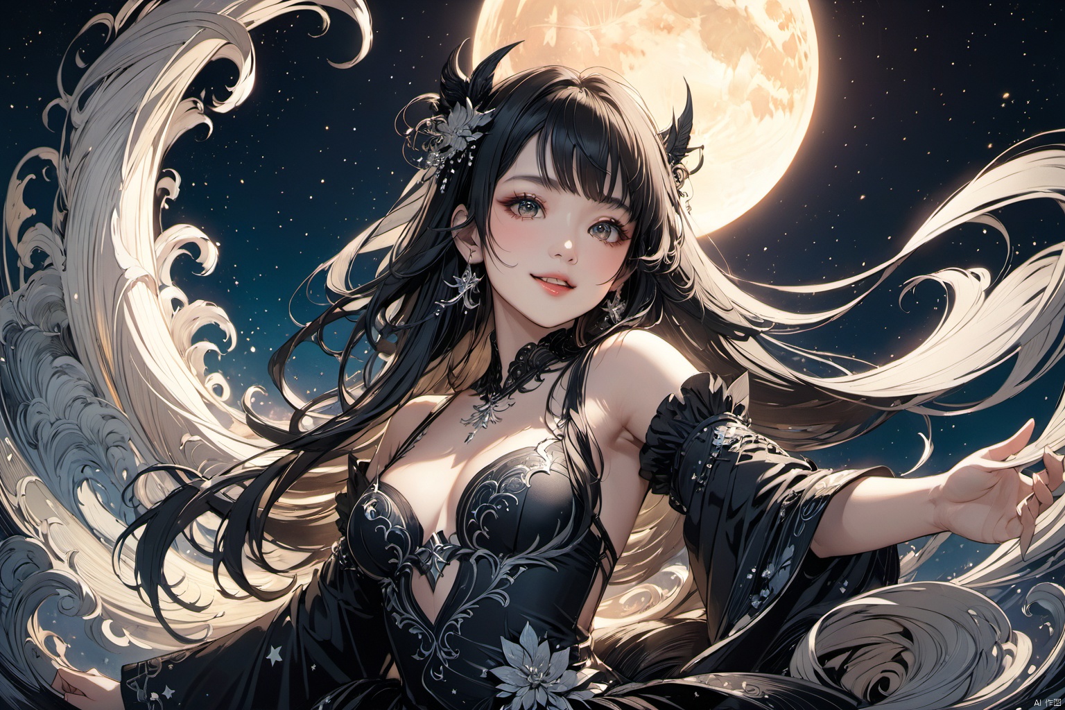 ultra-detailed,(best quality),((masterpiece)),(highres),original,extremely detailed 8K wallpaper,(an extremely delicate and beautiful),anime,  (close up  , solo), black  theme, 

An epic fantasy illustration featuring a succubus with striking long hair and captivating eyes, enchanting all who behold her with a mesmerizing smile. The scene is set against a starlit sky with a crescent moon, bathed in cinematic lighting effects to enhance the storytelling ambiance. Drawing inspiration from the vibrant and unique character designs of Yoshitaka Amano, the artwork showcases a colorful palette, intricate background details, dynamic composition, and rich emotional expressions that bring the character to life.