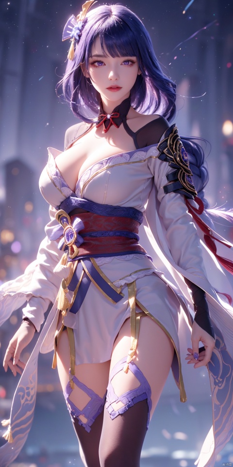  raidenshogundef,Masterpiece,high quality,beautiful wallpaper,16k,animation,illustration,positive perspective,perfect body,complete body,detailed face,delicate features,(solo:1.2),((1girl)),thin,sexy,(long shoot:1.4),(floating hair:1.3),(purple hair,long hair,bangs,braided,hair ornament,glowing purple eyes:1.2),(shoulder armor,kimono,long sleeves,wide sleeves,sash,obi,tassel,purple thighhighs,obijime,obiage,thighs,gigantic breasts,cleavage),looking at viewer,(outdoors,seaside,gorgeous starry sky,simple background:1.2), 1girl