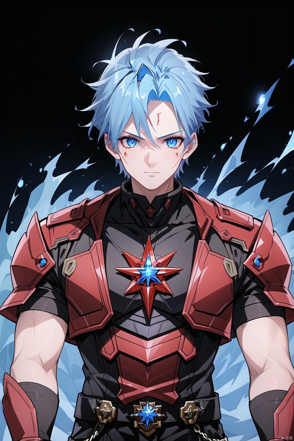  1 boy, blue eyes, There is a tattoo on the forehead, Flame hair, Burning hair, (bust: 1.3), dynamic pose, HD, 32k, (Masterpiece: 1.5), Red textured mecha, Pendulum, Hidden hands., Arso, black background,