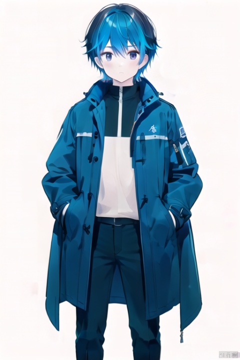  solo, looking at viewer, simple background, brown hair, 1boy, white background, standing, male focus, pants, blue hair, coat, black pants, hands in pockets, masterpiece, (masterpiece),蓝发