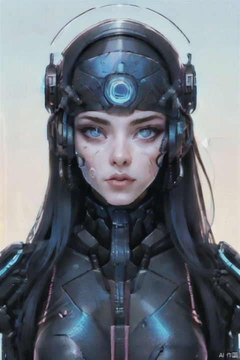  1girl, solo, long hair, looking at viewer, blue eyes, black hair, lips, gradient, gradient background, headgear, portrait, colored sclera, science fiction, realistic, nose, android, cyborg, neon trim, cyberpunk, mechanical parts