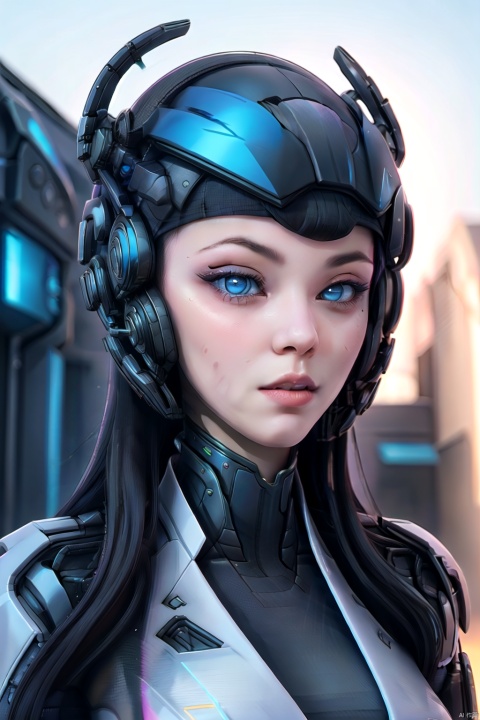  1girl, solo, long hair, looking at viewer, blue eyes, black hair, lips, gradient, gradient background, headgear, portrait, colored sclera, science fiction, realistic, nose, android, cyborg, neon trim, cyberpunk, mechanical parts,机甲