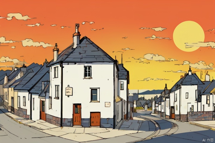  
sketch of the white buildings and yellow sun with buildings dotted with houses, in the style of scottish landscapes, historical documentation, bloomcore, poignant, authentic details, bold, black lines, illustration, mdong
