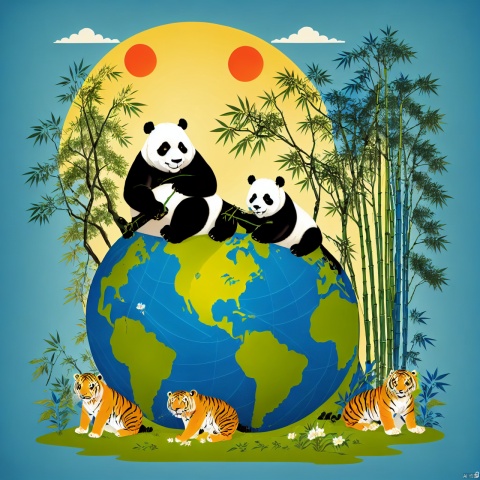  Earth Day poster, flat illustration, super cute Chinese giant panda eating bamboo and tiger, lion, elephant in green spherical earth, trees, flowers, landscapes, blue, green, yellow, simple background, center composition, bright colors, light and shade contrast, ultra high detail, 4k, flat illustration, traditional chinese ink painting