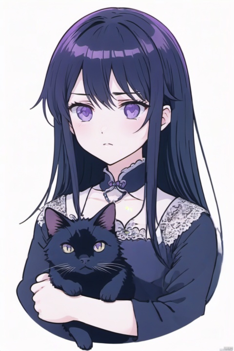  Anime girl with long black hair and purple eyes holding a black cat, young teenage girl, Emo girl and her , eine Katze, Portrait of goth cat and girl, Digital illustration style, in the art style of bowater, style of anime, Anime style illustration, serious expressions, goth style, gothic art, sad, Gloom (Expressing the)., (\shen ming shao nv\), mtianmei,,,,女孩