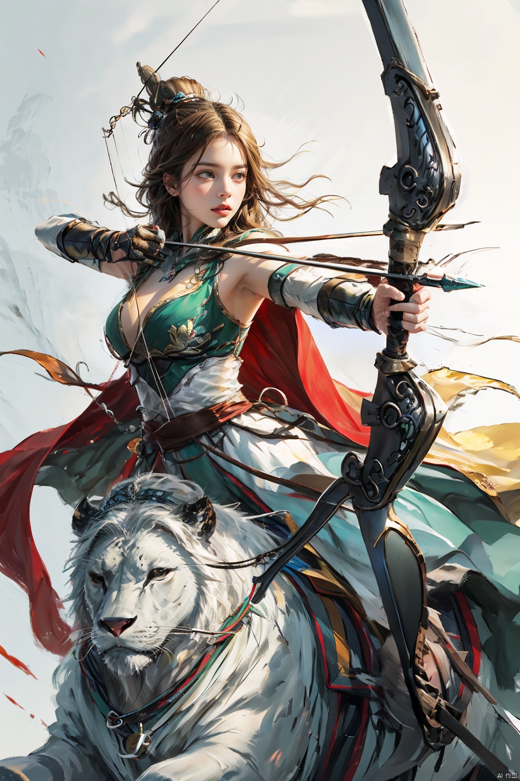  1girl,big breasts, solo, gloves,long hair, focusing intensely,Hold the iron tire bow with the left hand and draw a bow and shoot arrows, Wearing a jade crown, shining silver armor, and wearing a lion headband. Treading towards the sky with cow tendon boots; Wearing a crimson cloak on her shoulders, carrying a three foot green blade on her waist, coupled with her tall figure and resolute expression,clean white background,