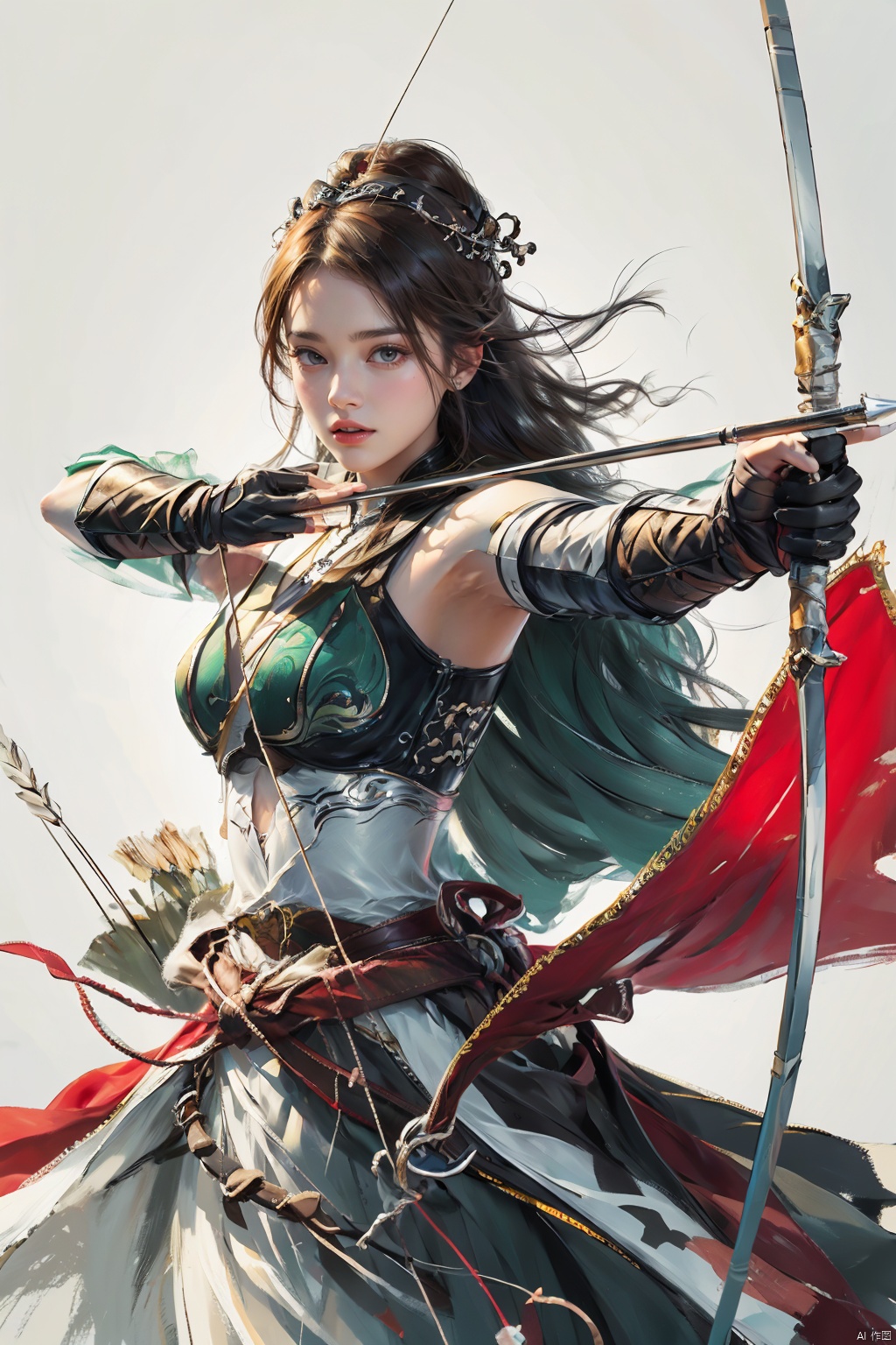  1girl,big breasts, solo, gloves,long hair, focusing intensely,Hold the iron tire bow with the left hand and draw a bow and shoot arrows, Wearing a jade crown, shining silver armor, and wearing a lion headband. Treading towards the sky with cow tendon boots; Wearing a crimson cloak on her shoulders, carrying a three foot green blade on her waist, coupled with her tall figure and resolute expression,clean white background,