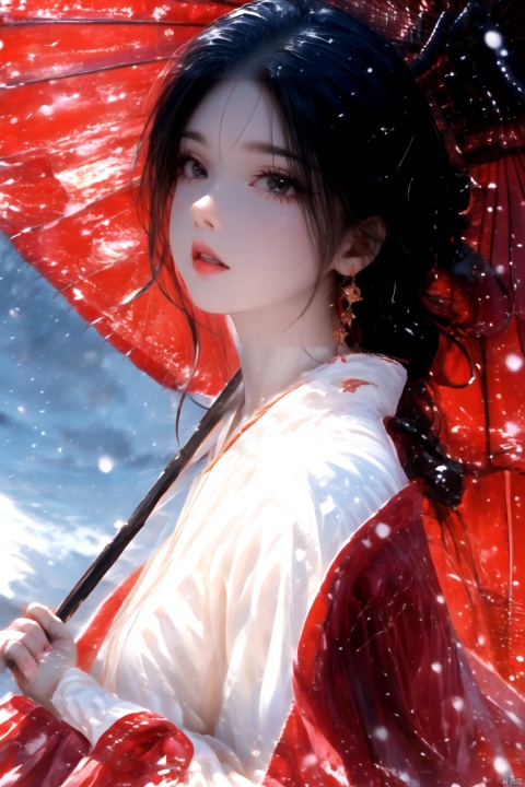 1girl, solo, long hair, looking at viewer, black hair, red eyes, long sleeves, holding, jewelry, upper body, earrings, outdoors, parted lips, japanese clothes, from side, makeup, umbrella, lipstick, holding umbrella, red lips, oil-paper umbrella, red umbrella, （\personality\）