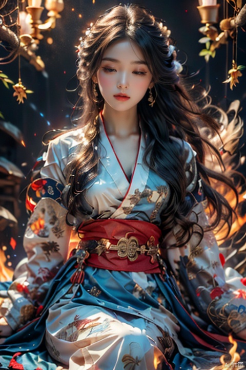 Girl, main hall, practice, white Hanfu, floating in the air, sitting cross-legged, long black hair, surrounded by golden runes, beautiful facial features, fairy, eyes closed, a beam of light, night, firelight, glowing runes , best picture quality, realistic, high definition, masterpiece, master effect