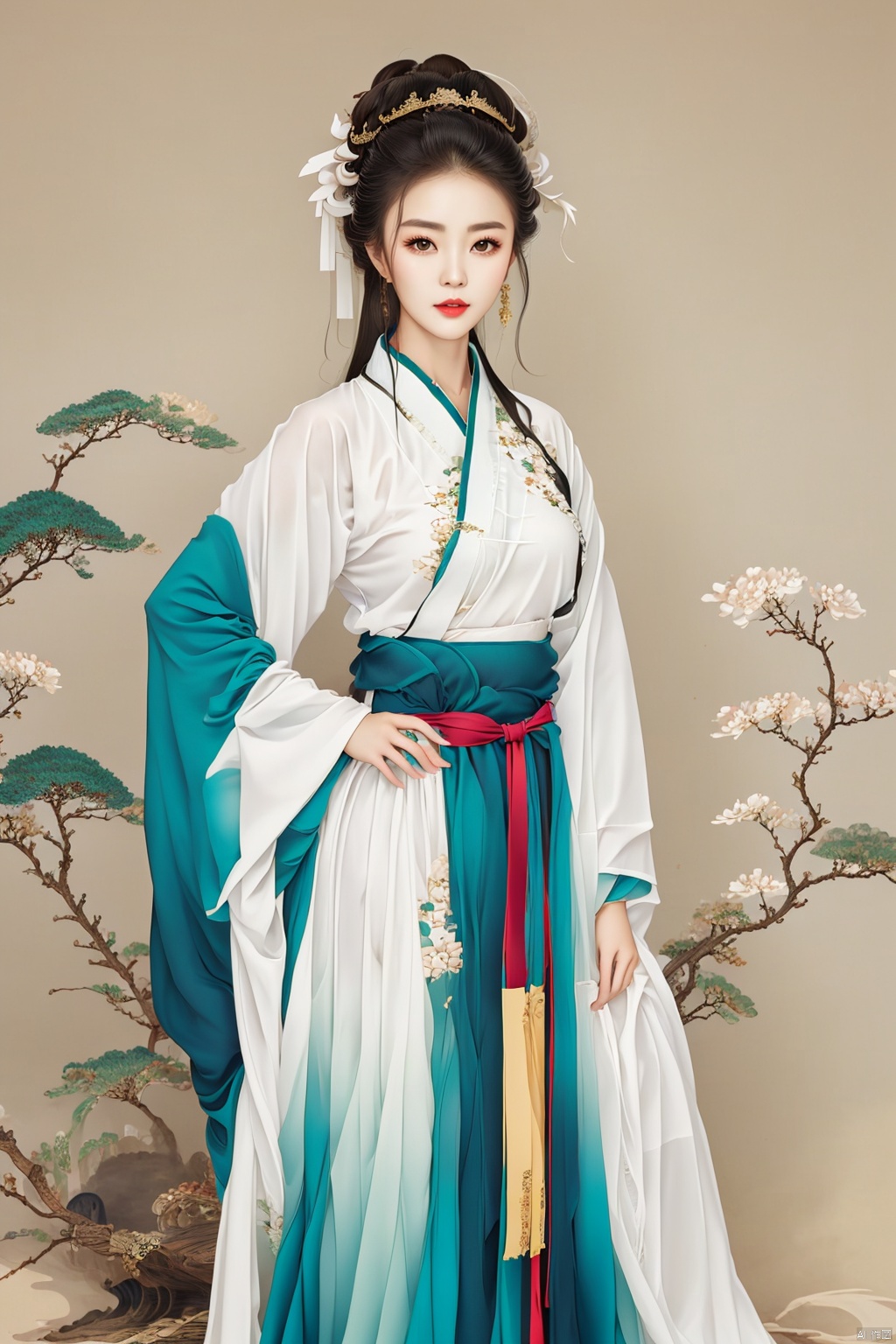1 girl, hanfu, wide sleeve flowing fairy skirt