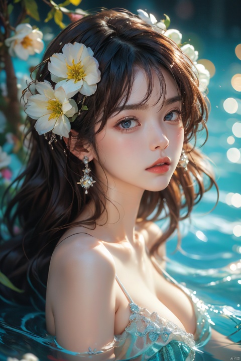  Masterpiece, best quality, 32K, 1 girl, Solo, long hair, breasts, bangs, brown hair, hair decor, cleavage, bare shoulders, upper body, flowers, parted lips, artist&#039;s name, hair flowers, water, close shoulders, blur, lips, depth of field, pattern, foam, red lips