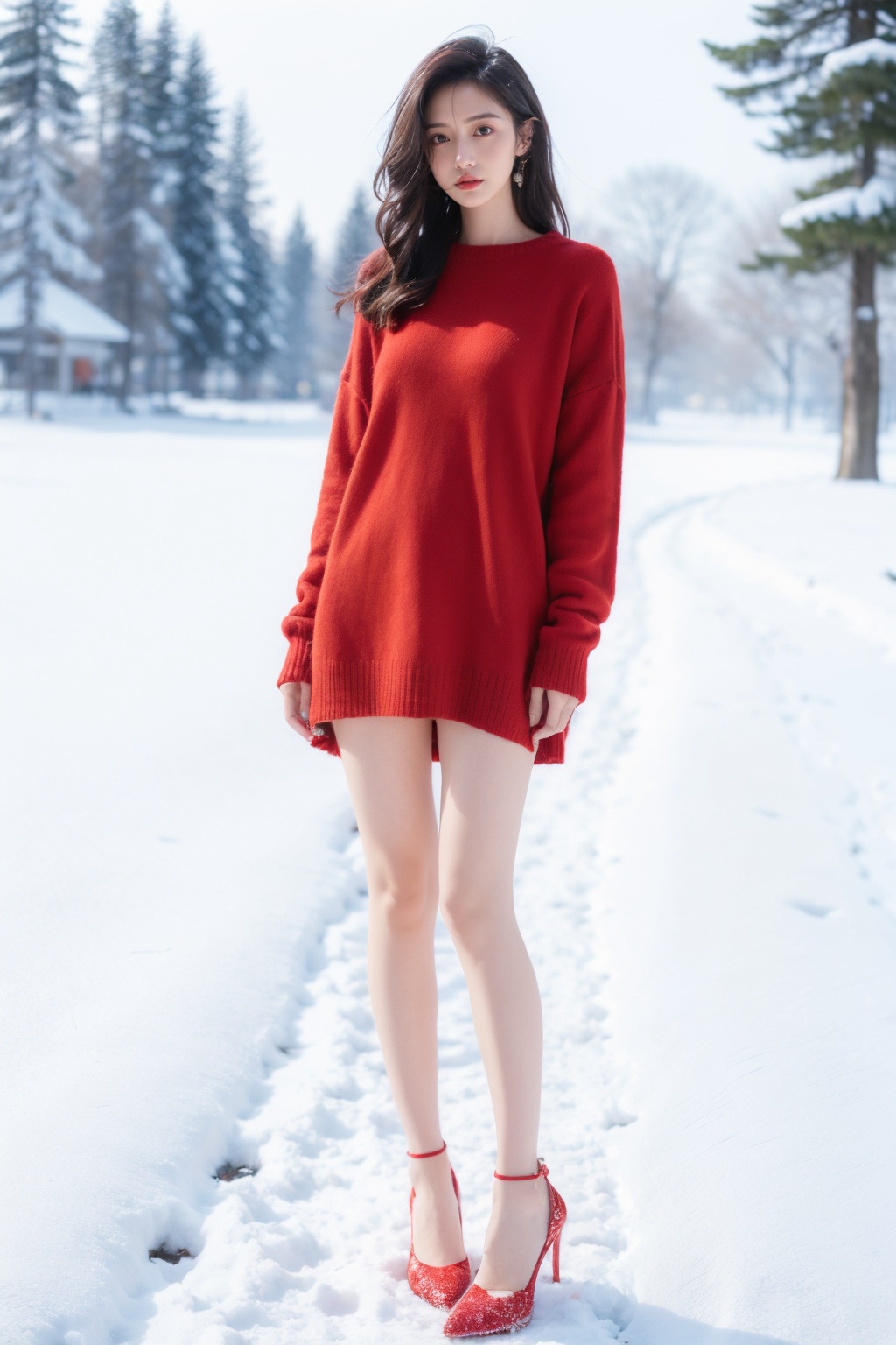  Full-body photos of a girl, red sweater, bare long legs, high heels, winter, realism, HD 16K, snow, winter