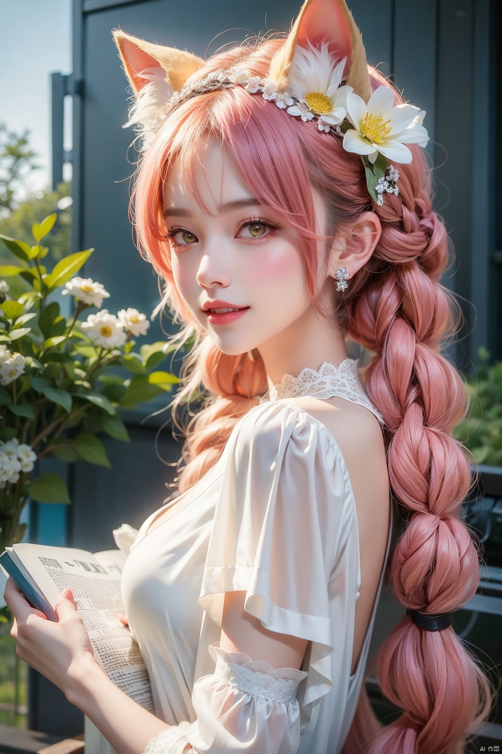  1girl, solo, long hair, looking at viewer, blush, smile, bangs, hair ornament, bow, animal ears, jewelry, yellow eyes, upper body, pink hair, braid, flower, hair bow, hairband, earrings, outdoors, parted lips, alternate costume, cat ears, from side, looking to the side, book, single braid, blue bow, plant, white flower, hair over shoulder, floppy ears, goldenglow \(arknights\), jiqing, 1 girl,moyou