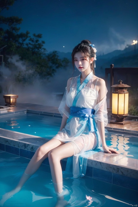  High quality, masterpiece, cinematic texture, Chinese elements, 1 girl bathing in the pool, (wrapped in a gauze: 1.2), (with a large amount of water vapor on the surface), (hot spring), lantern, night,Song style Hanfu,smog,8K Ultra HD, clear and bright image quality, highly refined, extremely fine, chang