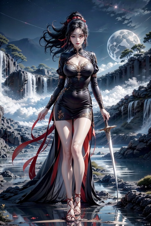  1 girl, knight, (HDR: 1.4), high contrast, low saturation, white short-sleeved shirt, black mini skirt, short hair, single ponytail, hair tied with a red ribbon, color block background, whole body, soft clothing texture, eyes looking at viewer, horizontal, lake, moonlight, bare feet, elegance, shooting star, starlight, red ribbon fluttering in the wind, sword, foreground