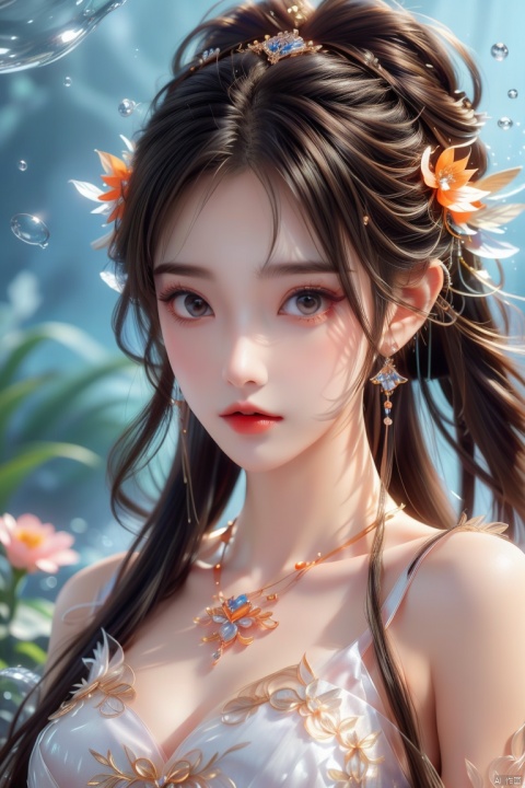  1 girl,(orange light effect),hair ornament,jewelry,looking at viewer,flower,floating hair,water,underwater,air bubble,submerged, 80sDBA style
