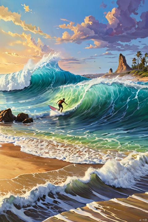  Colorful beach scene with crashing waves, surfers riding the waves, resonance and breaking waves, vibrant colors, high quality image, sharp focus, photorealistic painting by midjourney and greg rutkowski., Water,