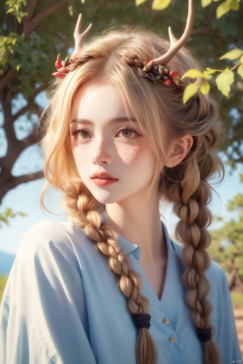  Vintage portrait, photography style, soft focus, pure face,Deer, girl, antlers, vine with leaves, Blonde hair, European and American advanced face, freckles, Detailed light and shadow, Wind, (Strong Sunshine),Two plaits, The forest,Front light source,
, 1 girl