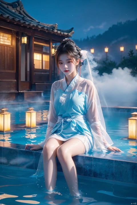  High quality, masterpiece, cinematic texture, Chinese elements, 1 girl bathing in the pool, (wrapped in a gauze: 1.2), (with a large amount of water vapor on the surface), (hot spring), lantern, night,Song style Hanfu,smog,8K Ultra HD, clear and bright image quality, highly refined, extremely fine, chang