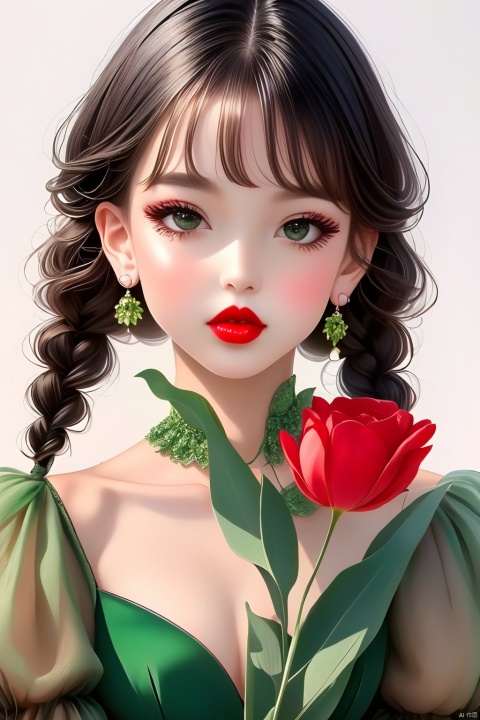  1girl, solo, looking at viewer, bangs, black hair, white background, dress, holding, jewelry, upper body, braid, flower, earrings, parted lips, puffy sleeves, blunt bangs, black eyes, twin braids, lips, makeup, green dress, holding flower, red lips