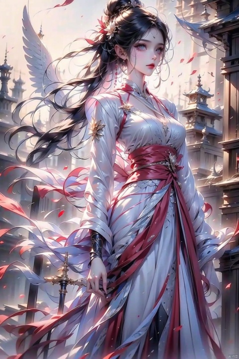  Boy, long black hair, black eyes, ribbon, Chinese clothing, red clothing, sword in hand, standing in the wind, 8K, Angel