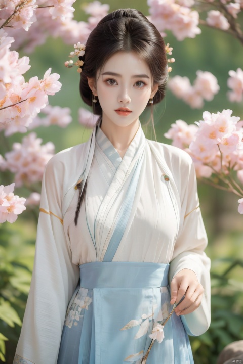  ming_hanfu,1girl,(spring,flowers:1.2),looking_at_viewer,,(big breasts:1.29), hanfu