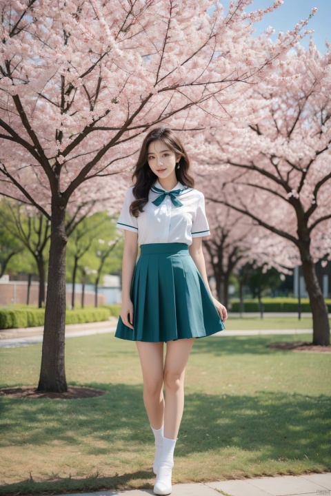  Best Quality, Super High Resolution, a girl (full body photo,) outdoors, white clothes, blue skirt, JK uniform, uniform, full chest, long legs, long hair fluttering, cherry blossom background, blue sky, White Clouds, breeze, turn your face sideways and look to the side, tutututu, lvshui-green dress