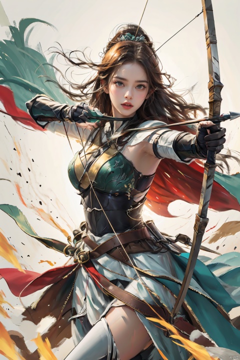  1girl,big breasts, solo, gloves,long hair, focusing intensely,Hold the iron tire bow with the left hand and draw a bow and shoot arrows, Wearing a jade crown, shining silver armor, and wearing a lion headband. Treading towards the sky with cow tendon boots; Wearing a crimson cloak on her shoulders, carrying a three foot green blade on her waist, coupled with her tall figure and resolute expression,clean white background,