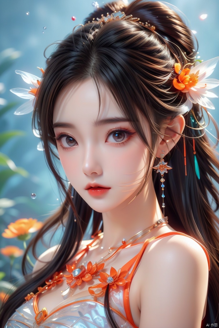  1 girl,(orange light effect),hair ornament,jewelry,looking at viewer,flower,floating hair,water,underwater,air bubble,submerged, 80sDBA style