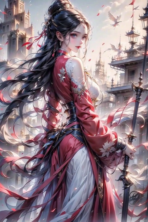  Boy, long black hair, black eyes, ribbon, Chinese clothing, red clothing, sword in hand, standing in the wind, 8K, Angel