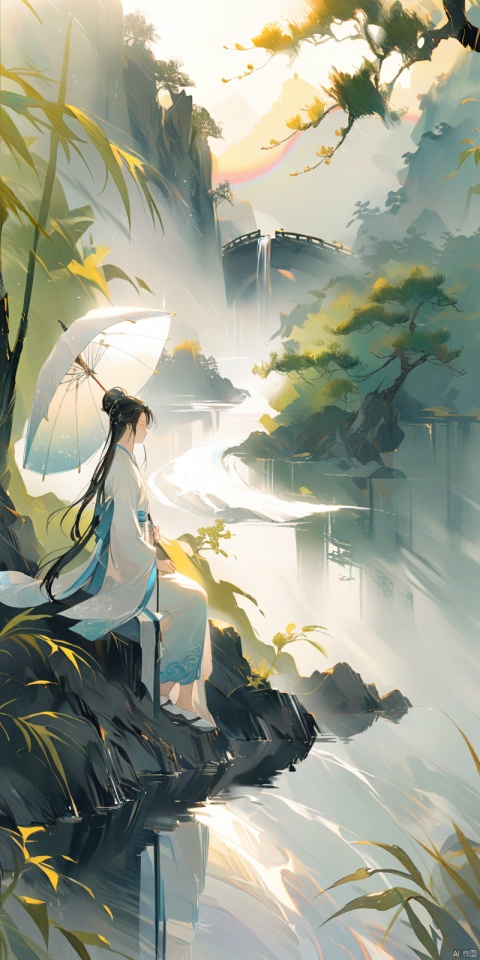  A man in a white Hanfu stands on the flowing riverbank, holding an umbrella and watching his wife sit under the umbrella in a light blue outfit to shield her from the rain. Illustrated with a romantic river view, soft colors, high resolution, high details, delicate brushstrokes, natural lighting, peaceful atmosphere, ancient China, with a background of green trees, drizzle, high-definition details, depth of field effect, ink painting, texture frosting, diffuse gradient, romantic ancient style, excellent light and shadow, color curves, ananmo, (\shen ming shao nv\), rainbow girl