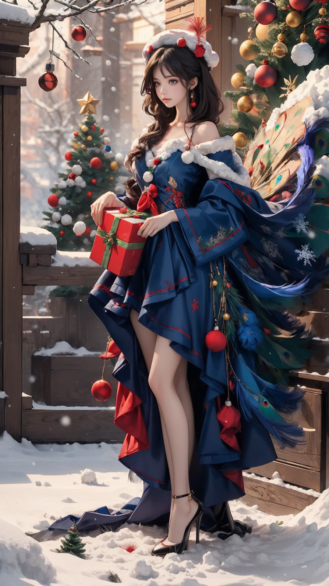  (realism, masterpiece) , a girl, wearing a Christmas hat, a red sweater, a peacock feather coat, high heels, holding a gift box, standing in front of a beautiful Big Christmas tree, outdoors, snow, snow, snow in the sky, Xiqing, HSZT, dress