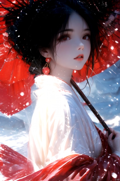  1girl, solo, long hair, looking at viewer, black hair, red eyes, long sleeves, holding, jewelry, upper body, earrings, outdoors, parted lips, japanese clothes, from side, makeup, umbrella, lipstick, holding umbrella, red lips, oil-paper umbrella, red umbrella, （\personality\）