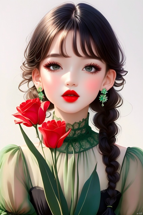  1girl, solo, looking at viewer, bangs, black hair, white background, dress, holding, jewelry, upper body, braid, flower, earrings, parted lips, puffy sleeves, blunt bangs, black eyes, twin braids, lips, makeup, green dress, holding flower, red lips