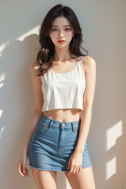  1girl, solo, breasts, looking at viewer, smile, brown hair, black hair, navel, bare shoulders, brown eyes, jewelry, closed mouth, standing, collarbone, cowboy shot, midriff, pants, lips, shadow, tank top, denim, jeans, realistic, arms at sides, 1girl,short skirt, （\personality\）, 1 girl,moyou