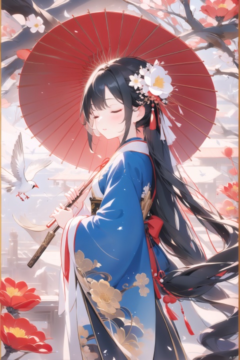  1girl, solo, long hair, black hair, hair ornament, long sleeves, dress, ribbon, holding, closed mouth, standing, closed eyes, flower, hair flower, wide sleeves, hair bun, from side, makeup, bird, umbrella, chinese clothes, tassel, shawl, holding umbrella, branch, red lips, oil-paper umbrella, hanfu, crane \(animal\)